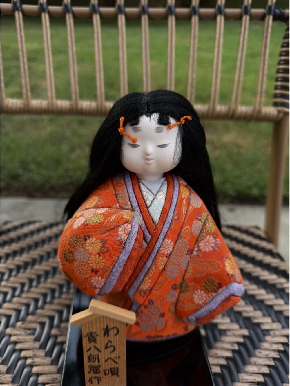 Japanese Collectible Doll Orange Floral Kimono Black Hair Black Lacquer Base Tag